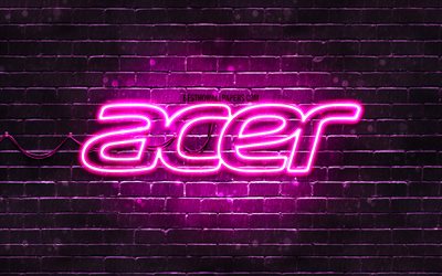 Acer p&#250;rpura logo, 4k, p&#250;rpura brickwall, Acer logotipo, marcas, Acer ne&#243;n logotipo de Acer