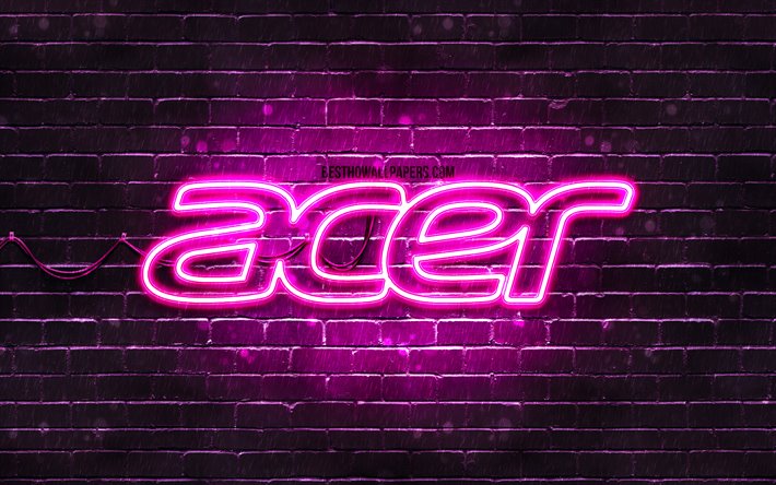 Acer viola logo, 4k, viola brickwall, logo Acer, marche, Acer neon logo Acer