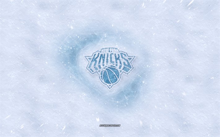 New York Knicks logo, American basketball club, winter concepts, NBA, New York Knicks ice logo, snow texture, New York, USA, snow background, New York Knicks, basketball