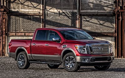 Nissan Titan, 2020, red pickup, exterior, front view, new red Titan, japanese cars, Nissan