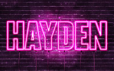 Hayden, 4k, isim Hayden adı ile, Bayan isimleri, Hayden adı, mor neon ışıkları, yatay metin, resim ile duvar kağıtları
