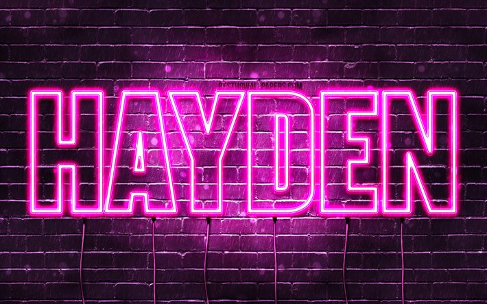 Hayden, 4k, taustakuvia nimet, naisten nimi&#228;, Hayden nimi, violetti neon valot, vaakasuuntainen teksti, kuva Hayden nimi