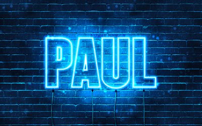 Paul, 4k, wallpapers with names, horizontal text, Paul name, blue neon lights, picture with Paul name