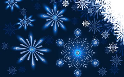 Flocos de neve sobre um fundo azul, inverno fundo azul escuro, Natal, inverno, vidro flocos de neve, inverno textura
