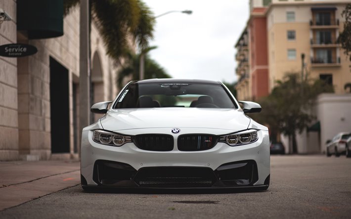 BMW M4, F82, Vorsteiner GTRS4 Widebody, exterior, front view, white sports coupe, new white M4, German sports cars, BMW