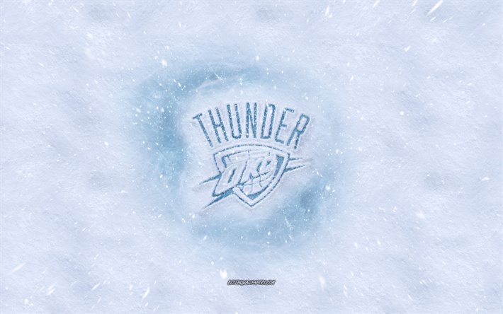 Oklahoma City Thunder logo, American basketball club, winter concepts, NBA, Oklahoma City Thunder ice logo, snow texture, Oklahoma City, Oklahoma, USA, snow background, Oklahoma City Thunder, basketball