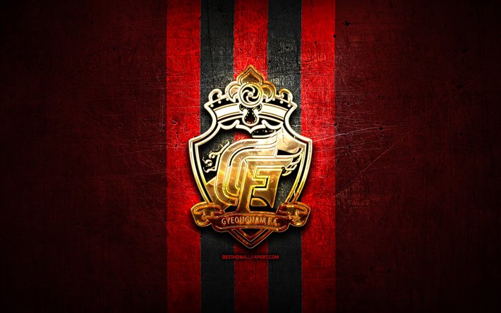 Gyeongnam FC, altın logo, 1 K Lig, kırmızı metal arka plan, futbol, G&#252;ney Kore Futbol Kul&#252;b&#252;, Gyeongnam logo, G&#252;ney Kore