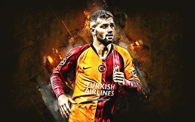 Omer Bayram, Galatasaray, Turkish football player, portrait, Turkey, orange background, creative art