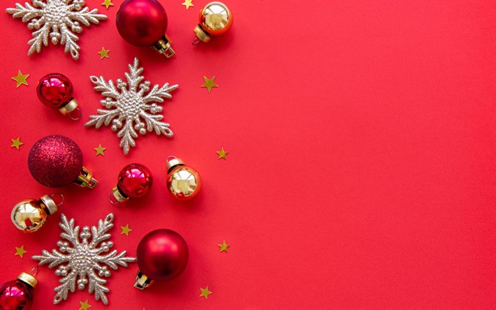 Rojo fondo de Navidad, Feliz A&#241;o Nuevo, copos de nieve, Feliz Navidad, bolas de Navidad Rojo