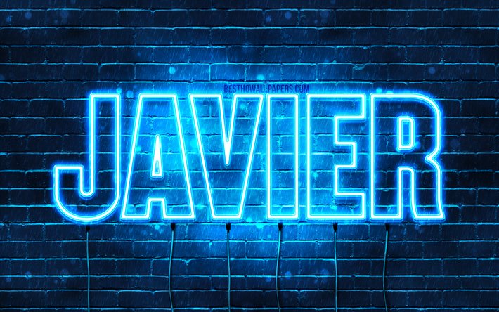 Javier, 4k, pap&#233;is de parede com os nomes de, texto horizontal, Javier nome, luzes de neon azuis, imagem com Javier nome