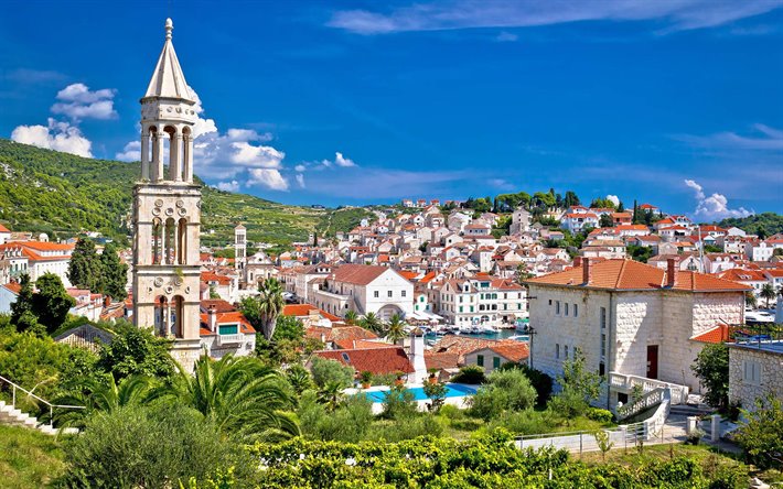 Hvar, Mar Adri&#225;tico, Dalmacia costa, verano, turismo, paisaje de la ciudad de Hvar, resort, Croacia