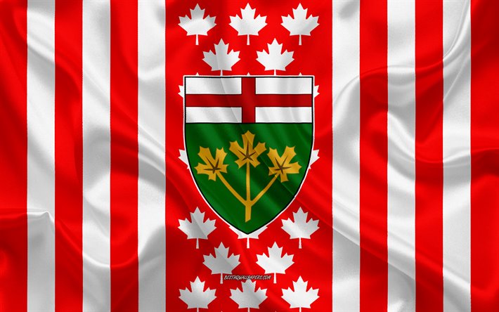 Coat of arms of Ontario, Canadian flag, silk texture, Ontario, Canada, Seal of Ontario, Canadian national symbols