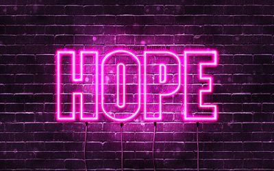Hope, 4k, wallpapers with names, female names, Hope name, purple neon lights, horizontal text, picture with Hope name