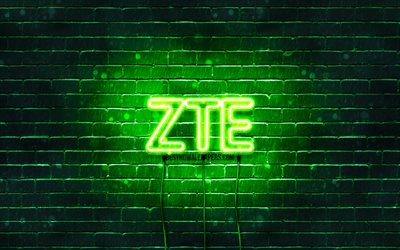 ZTE green logo, 4k, green brickwall, ZTE logo, brands, ZTE neon logo, ZTE