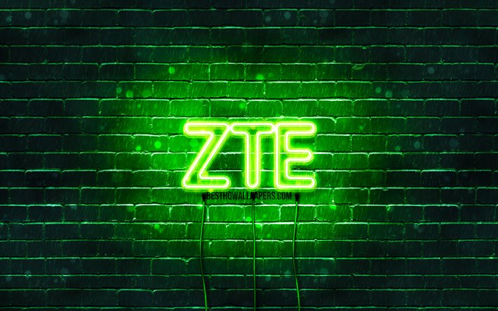 ZTE logo verde, 4k, verde, brickwall, ZTE, i logo, i marchi, ZTE neon logo