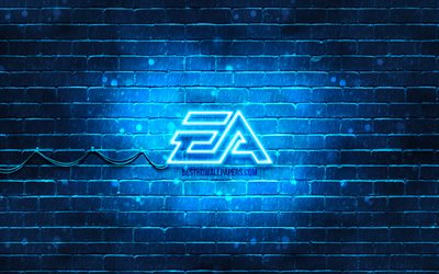 EA Games blue logo, 4k, blue brickwall, EA Games logo, Electronic Arts, creative, EA Games neon logo, EA Games