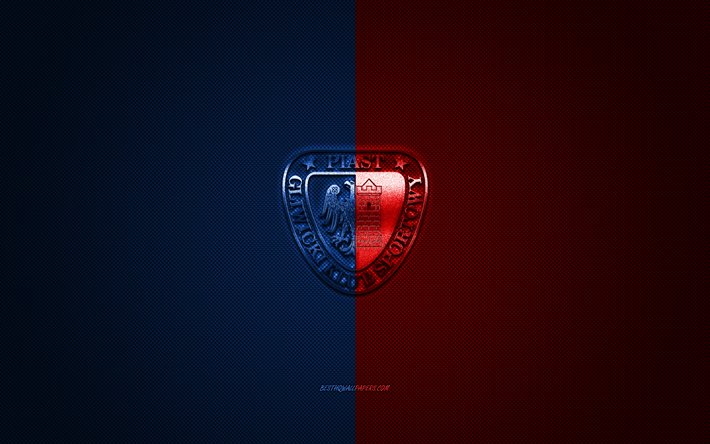 Piast Gliwice, Polish football club, Ekstraklasa, blue red logo, blue red carbon fiber background, football, Gliwice, Poland, Piast Gliwice logo