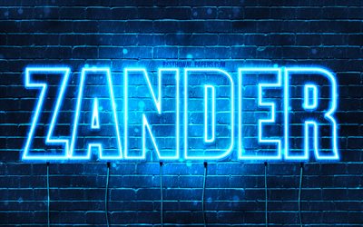 Zander, 4k, 壁紙名, テキストの水平, Zander名, 青色のネオン, 写真Zander名