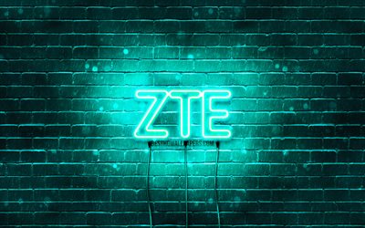 ZTE turquesa logotipo, 4k, turquesa brickwall, ZTE logotipo, marcas, ZTE neon logotipo, ZTE