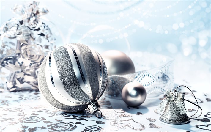 Silver christmas ball, Merry Christmas, Happy New Year, Silver Christmas background, Silver bell, Christmas background