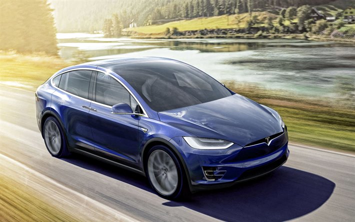 Tesla Model X, 2019, vista frontale, elettrico crossover, blu nuovo Modello X, esterno, americano di auto elettriche, Tesla