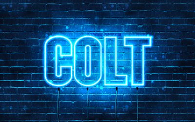 Colt, 4k, adları Colt adıyla, yatay metin, Colt adı, mavi neon ışıkları, resimli duvar kağıtları