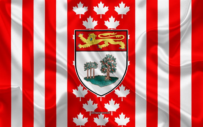 Coat of arms of Prince Edward Island, Canadian flag, silk texture, Prince Edward Island, Canada, Seal of Prince Edward Island, Canadian national symbols