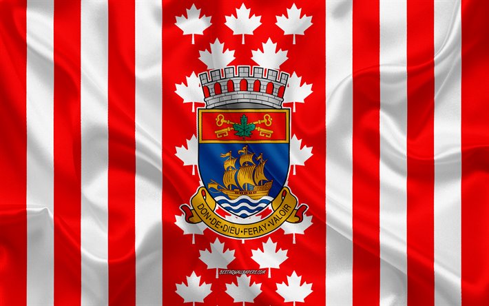 Coat of arms of Quebec City, Canadian flag, silk texture, Quebec City, Canada, Seal of Quebec City, Canadian national symbols