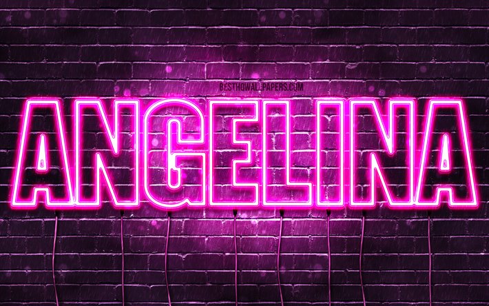 أنجلينا, 4k, خلفيات أسماء, أسماء الإناث, أنجلينا اسم, الأرجواني أضواء النيون, نص أفقي, صورة مع أنجلينا اسم