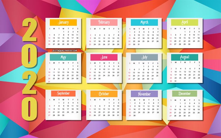 2020-kalender, bunte mosaik hintergrund, bis 2020 alle monate kalender, farbiger hintergrund, kunst, 2020 konzepte, 2020 neue jahr