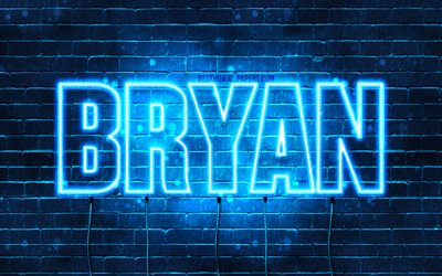 Bryan, 4k, les papiers peints avec les noms, le texte horizontal, Bryan nom, bleu n&#233;on, une photo avec le nom Bryan