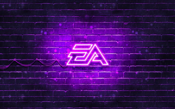 EA Games viola logo, 4k, viola, brickwall, logo EA Games, Electronic Arts, creative, Giochi di EA neon logo, EA Games