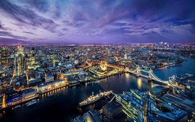 London, 4k, aerial view, nightscapes, United Kingdom, England, London at night
