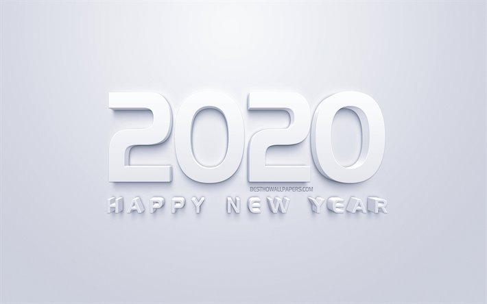 Happy New Year 2020, white 3d art, 2020 concepts, white 2020 background, 2020 New Year, creative 3d art