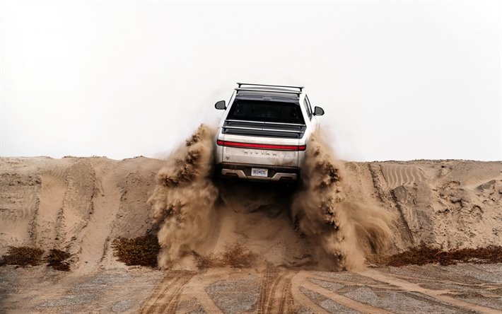 Rivian R1T, 2019, exterior, rear view, white SUV, new white R1T, riding in the dunes, Rivian