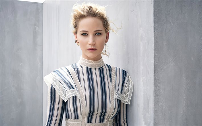 Jennifer Lawrence, portrait, actrice américaine, blanc-bleu robe, photoshoot, populaire des actrices