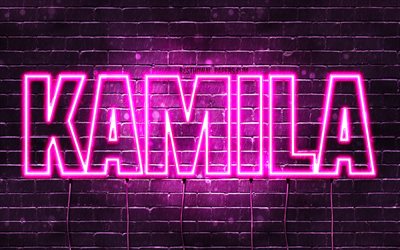 Kamila, 4k, wallpapers with names, female names, Kamila name, purple neon lights, horizontal text, picture with Kamila name