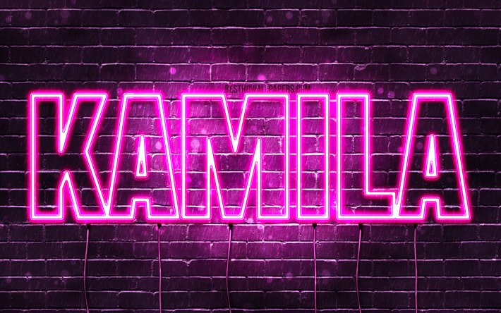 Kamila, 4k, tapeter med namn, kvinnliga namn, Kamila namn, lila neon lights, &#246;vergripande text, bild med Kamila namn
