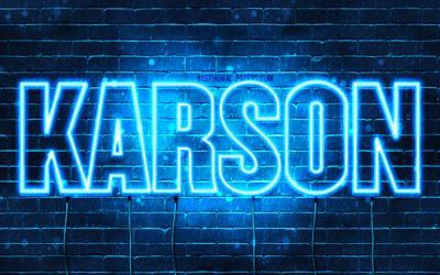 Karson, 4k, les papiers peints avec les noms, le texte horizontal, Karson nom, bleu n&#233;on, photo avec le Karson nom