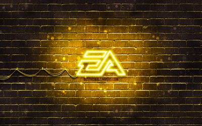 EA Games logo jaune, 4k, jaune brickwall, EA logo des Jeux, Electronic Arts, la cr&#233;ation, EA Games n&#233;on logo EA Games