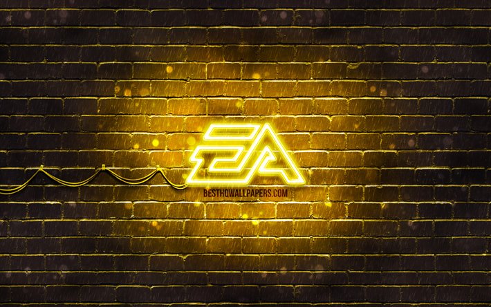 EA Games sarı logo, 4k, sarı brickwall, EA Games logosu, Electronic Arts, yaratıcı, EA Games, neon logo