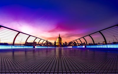 Millennium Bridge, London, London Millenium Footbridge, St Pauls Cathedral, evening, sunset, cityscape, London landmark, UK