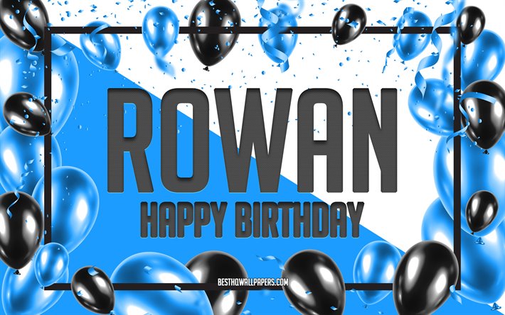 Happy Birthday Rowan, Birthday Balloons Background, Rowan, wallpapers with names, Rowan Happy Birthday, Blue Balloons Birthday Background, greeting card, Rowan Birthday