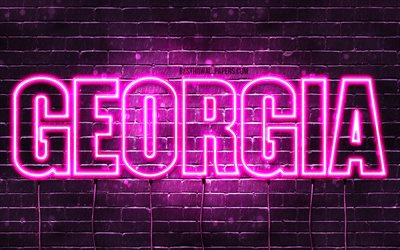 Georgia, 4k, wallpapers with names, female names, Georgia name, purple neon lights, horizontal text, picture with Georgia name