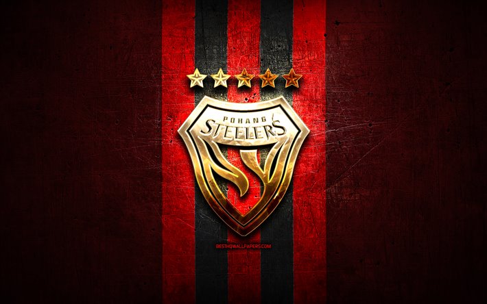 Pohang Steelers FC, golden logo, K League 1, red metal background, football, FC Pohang Steelers, South Korean football club, Pohang Steelers logo, soccer, South Korea