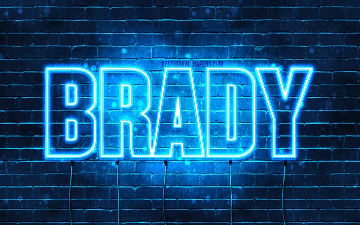 Brady, 4k, pap&#233;is de parede com os nomes de, texto horizontal, Brady nome, luzes de neon azuis, imagem com Brady nome