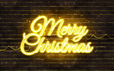 Yellow neon Merry Christmas, 4k, yellow brickwall, Happy New Years Concept, Yellow Merry Christmas, creative, Christmas decorations, Merry Christmas, xmas decorations
