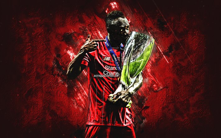 Sadio Mane, Liverpool FC, Senegalli futbolcu, orta saha oyuncusu, Premier Lig, İngiltere, futbol, kırmızı taş arka plan