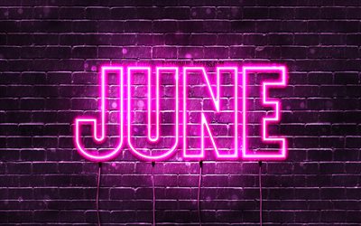 June, 4k, wallpapers with names, female names, June name, purple neon lights, horizontal text, picture with June name