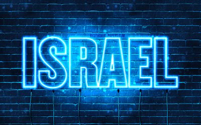 イスラエル, 4k, 壁紙名, テキストの水平, イスラエルの名前, 青色のネオン, 写真とイスラエルの名前